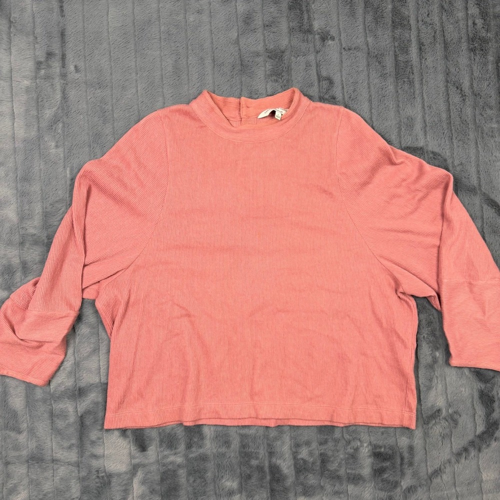 Madewell Texture & Thread Womens Large Pink Ribbed Mock Neck Button Back Top